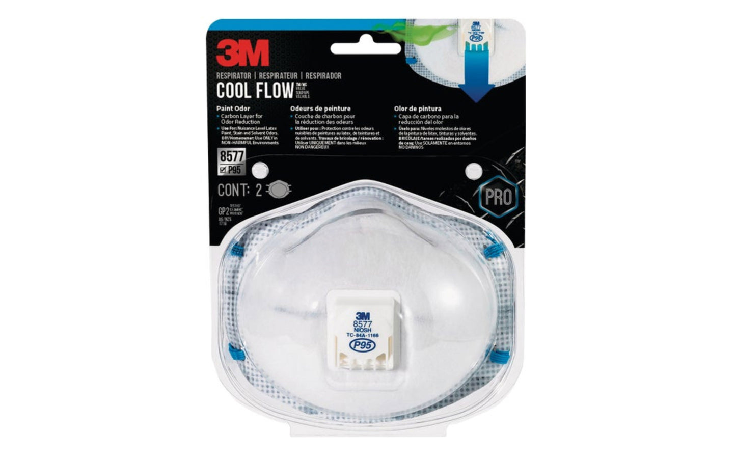 3M Model 8577 - 2 Pack. N95 Rating - 3M N95 Respirator for Paint Odor - 2 Pack. Super comfortable soft material. Fully adjustable fit. N95 Mask With Straps. 051131997660. Equipped with a carbon layer, helps filter out airborne particles plus nuisance levels of organic vapors found in certain paint or adhesive