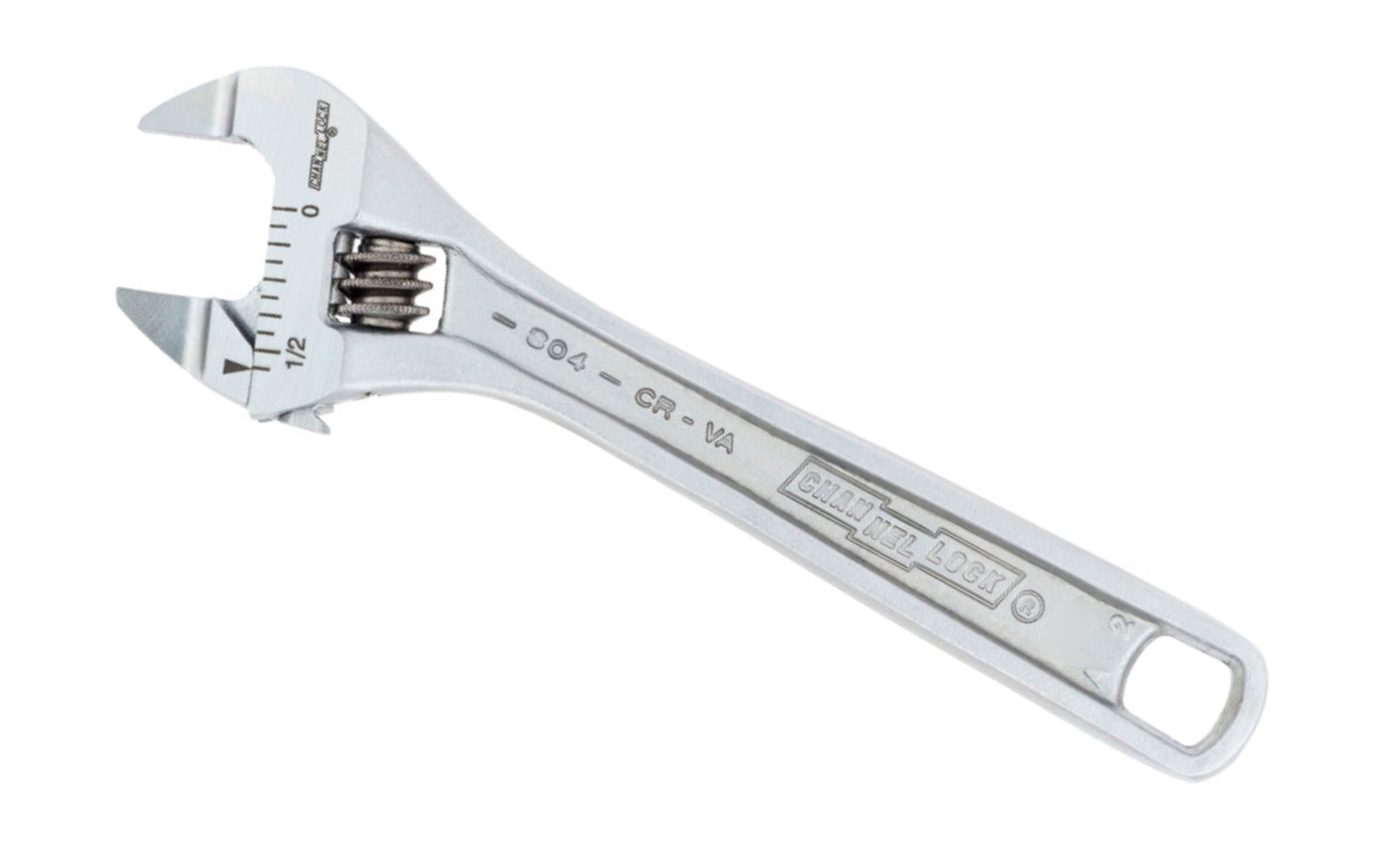 Channellock 4" Xtra Slim Jaw Adjustable Wrench features slimmer jaws. Measurement scales are laser engraved (in. on front, mm. on reverse) & are handy for sizing nuts, pipe & tube diameters. Rugged Chrome Vanadium steel. Chrome finish for rust prevention. 4.52" size. Extra Slim Wrench Channelock Model 804s.