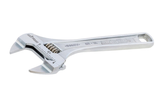 Channellock 6" Xtra Slim Jaw Adjustable Wrench features slimmer jaws. Measurement scales are laser engraved (in. on front, mm. on reverse) & are handy for sizing nuts, pipe & tube diameters. Rugged Chrome Vanadium steel. Chrome finish for rust prevention. 6.38" size. Extra Slim Wrench Channelock Model 806s.