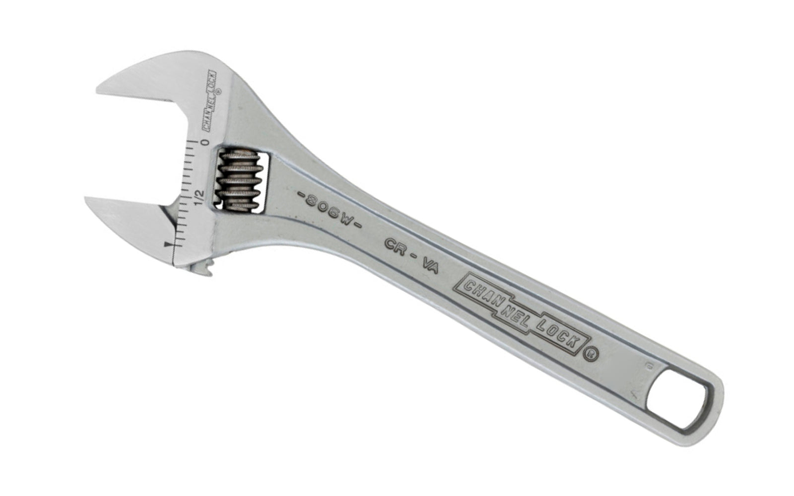 Channellock 6" Adjustable Wrench. Wide jaws offer extra capacity, supporting larger nuts & bolts. Measurement scales are laser engraved (in. on front, mm. on reverse) & are handy for sizing nuts, pipe & tube diameters. Rugged Chrome Vanadium steel. Chrome finish for rust prevention. 6.25" size. Channelock Model 806W.