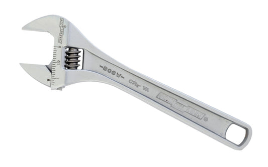 Channellock 8" Adjustable Wrench. Wide jaws offer extra capacity, supporting larger nuts & bolts. Measurement scales are laser engraved (in. on front, mm. on reverse) & are handy for sizing nuts, pipe & tube diameters. Rugged Chrome Vanadium steel. Chrome finish for rust prevention. 8" size. Channelock Model 808W.