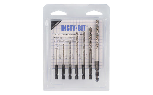 Insty-Bit HSS Quick-Change Drill Set. These high-speed steel twist drills are suitable for drilling metal, wood, & plastic. The hardened HSS material keeps cutting flutes sharper longer. Standard drill bit has a 135 degree split point. Insty-Bit Model 81101.  Made in USA ~ 019366811014