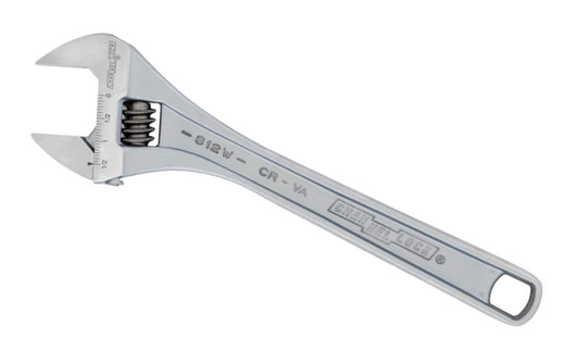 Channellock 12" Adjustable Wrench. Wide jaws offer extra capacity, supporting larger nuts & bolts. Measurement scales are laser engraved (in. on front, mm. on reverse) & are handy for sizing nuts, pipe & tube diameters. Rugged Chrome Vanadium steel. Chrome finish for rust prevention. 12" size. Channelock Model 812W.