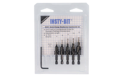 Insty-Bit Quick Change Woodscrew Countersink Set. Drill flush or counterbored holes for standard flathead woodscrews. The hardened HSS material keeps cutting flutes sharper longer. Standard HSS drill bit has a 135 degree split point.  Made in USA. Model 82201 ~ 019366822010