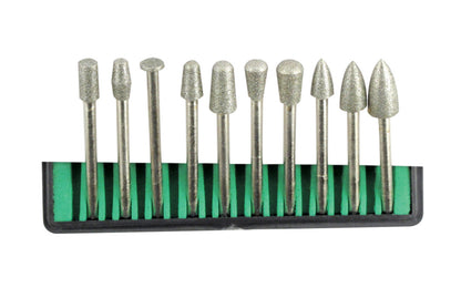 10-PC Diamond Burr Set - 150 grit. Basic & Economy Set of Diamond Coated Burr Set - 150 grit. Whether you're working on ceramics, stone, glass, or wood, this set provides versatility and precision for your projects. 1/8" shank. Model 82310DD. 10 piece set. 