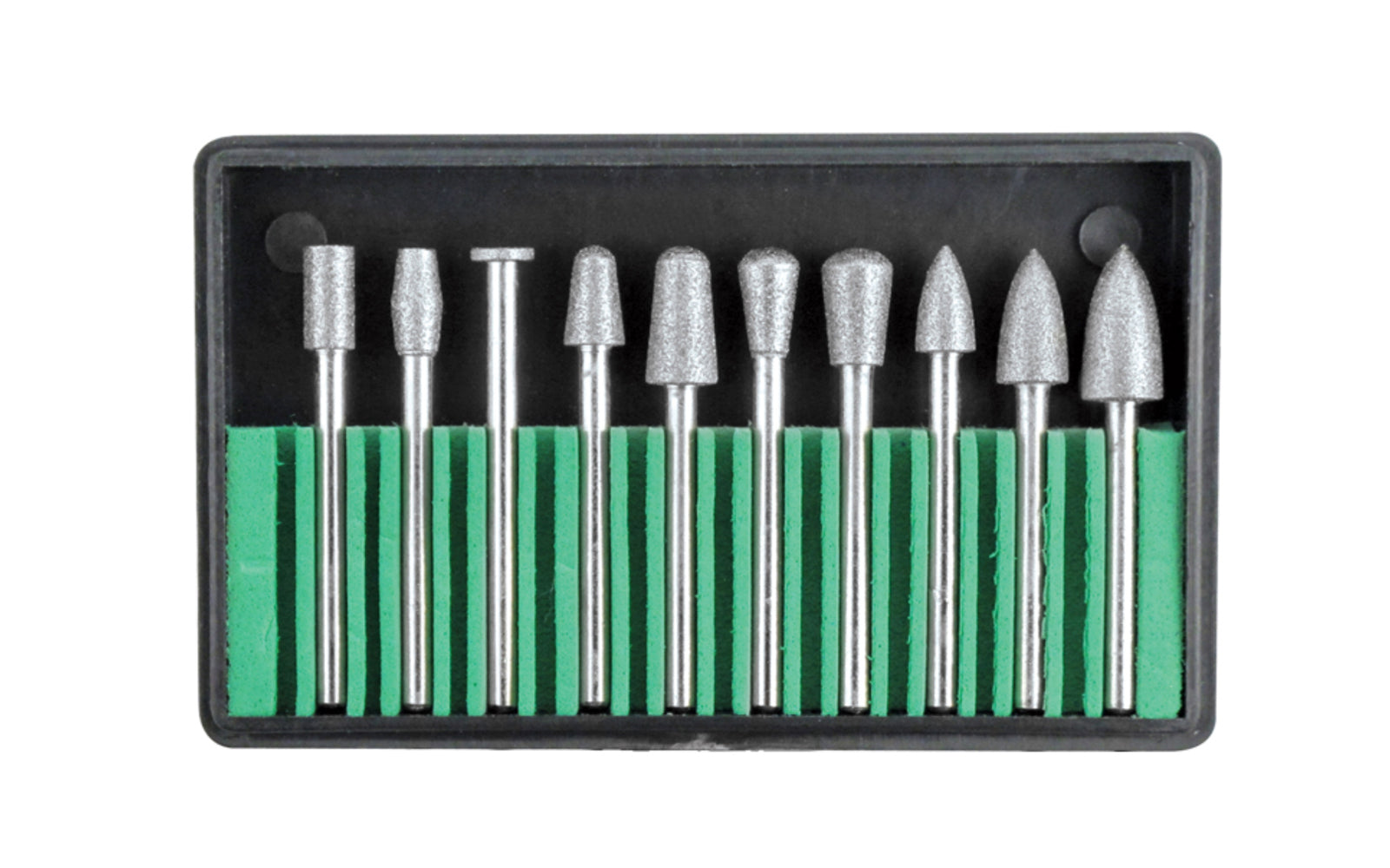 10-PC Diamond Burr Set - 150 grit. Basic & Economy Set of Diamond Coated Burr Set - 150 grit. Whether you're working on ceramics, stone, glass, or wood, this set provides versatility and precision for your projects. 1/8" shank. Model 82310DD. 10 piece set. 