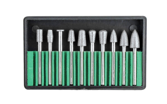 10-PC Diamond Burr Set - 150 grit. Basic & Economy Set of Diamond Coated Burr Set - 150 grit. Whether you're working on ceramics, stone, glass, or wood, this set provides versatility and precision for your projects. 1/8" shank. Model 82310DD. 10 piece set. 