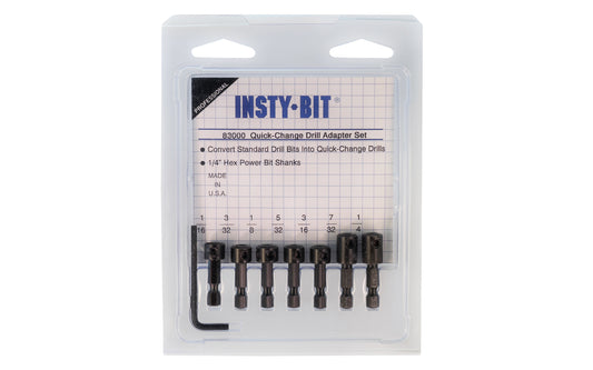 Insty-Bit Quick-Change Drill Adapter Set. Converts standard drill bits into quick-change drills. 1/4" Quick Change Hex Shank. 2500 RPM Max. Insty-Bit Model 83100.  Made in USA.