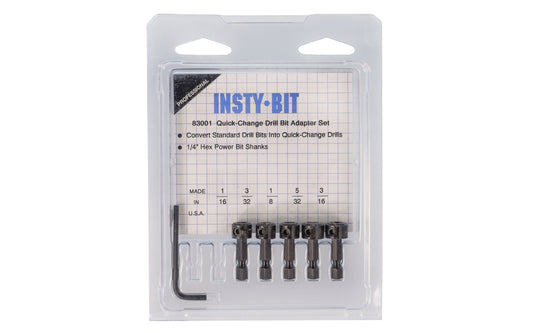 Insty-Bit Quick-Change Drill Adapter Set. Converts standard drill bits into quick-change drills. 1/4" Quick Change Hex Shank. 2500 RPM Max. Insty-Bit Model 83001.  Made in USA.