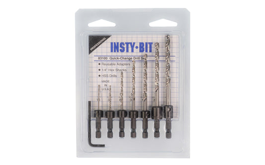 Insty-Bit Quick-Change Drill Adapter Set with HSS Drill Bits. These high-speed steel twist drills are suitable for drilling metal, wood, & plastic. The hardened HSS material keeps cutting flutes sharper longer. Standard drill bit has a 135 degree split point. Insty-Bit Model 83100.  Made in USA ~ 019366831005