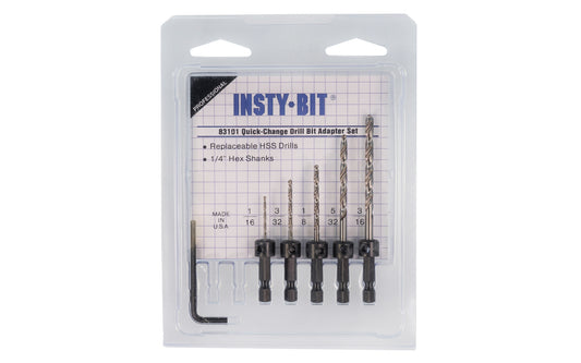 Insty-Bit Quick-Change Drill Bit Adapter Set. These high-speed steel twist drills are suitable for drilling metal, wood, & plastic. The hardened HSS material keeps cutting flutes sharper longer. Standard drill bit has a 135 degree split point. Insty-Bit Model 83101.  Made in USA ~ 019366831012