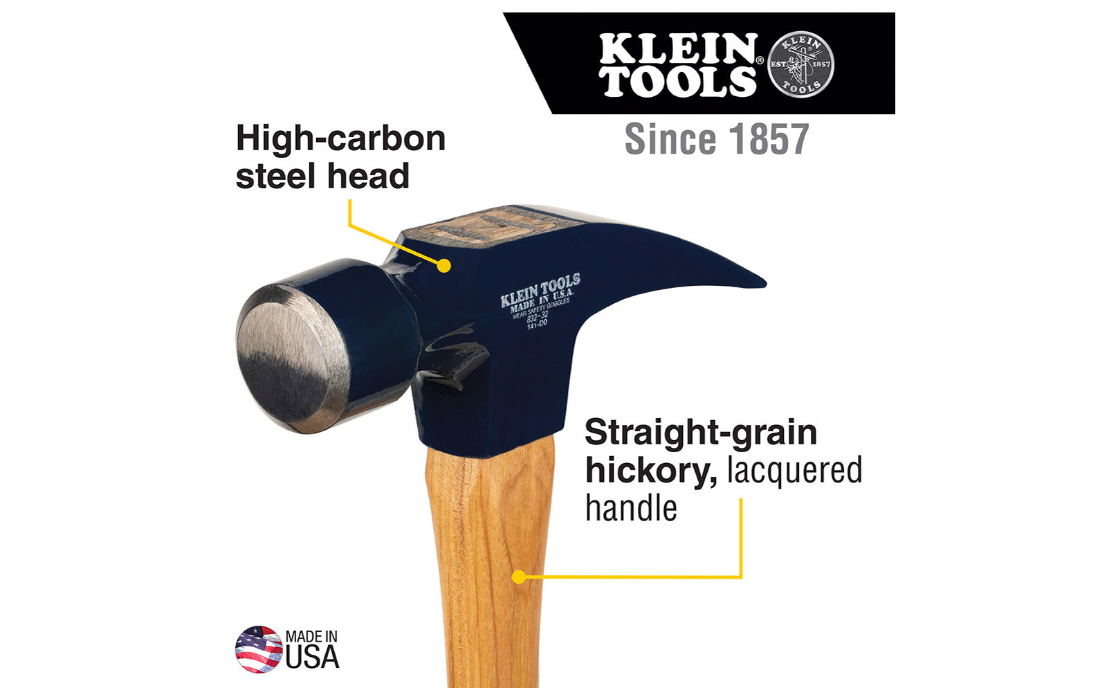 Klein Tools - Model 832-32 - Made in USA - Heavy-duty hammer drives lags & pulls big nails - Straight Claw Hammer - Klein Tools Lineman Hammer - Heavy Duty - Heavy-duty hammer drives lags & pulls big nails - 32 oz weight - Special high-carbon steel head with solid, octagon-shaped driving end & thick, strong claw - 15"