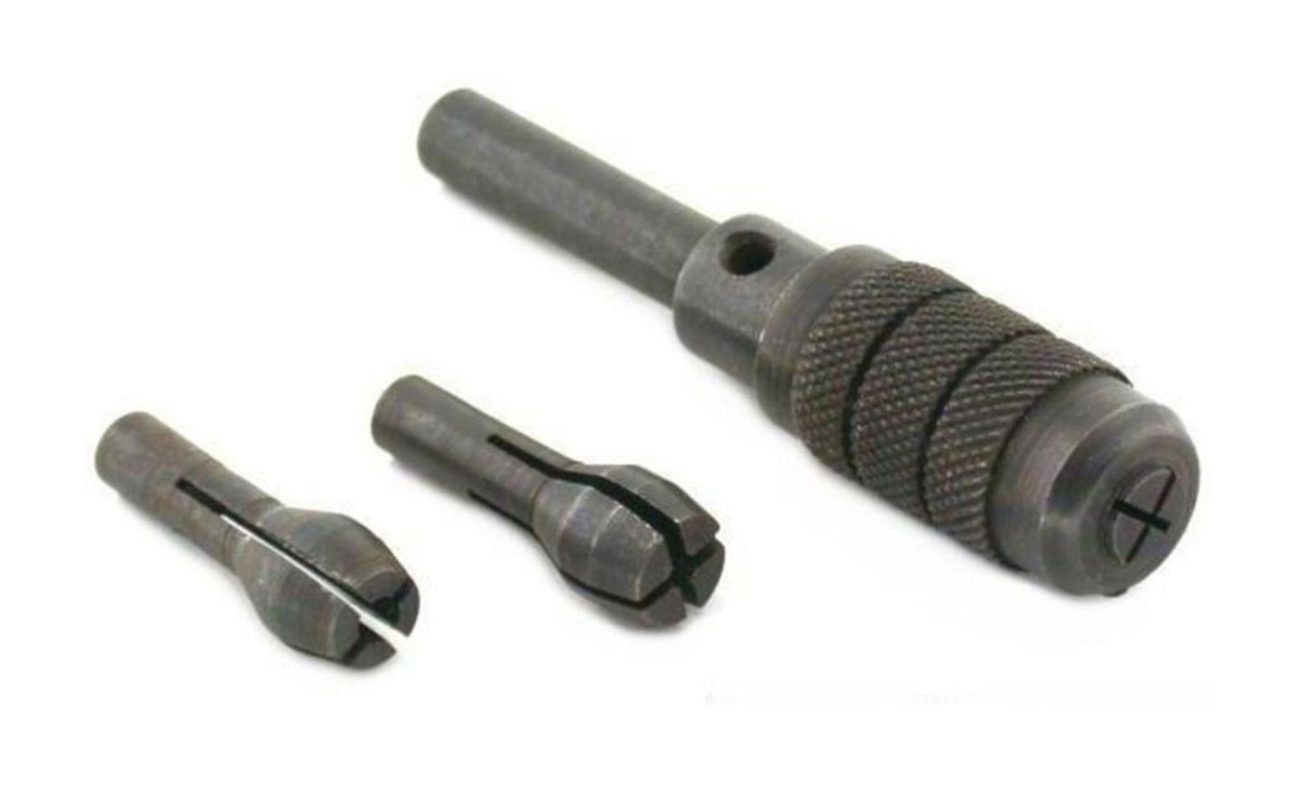 Basic & economy style 1/4" 3-PC pin chuck set. Includes one chuck, & three collets, 1 mm, 2 mm, 3mm. Made by SE. 