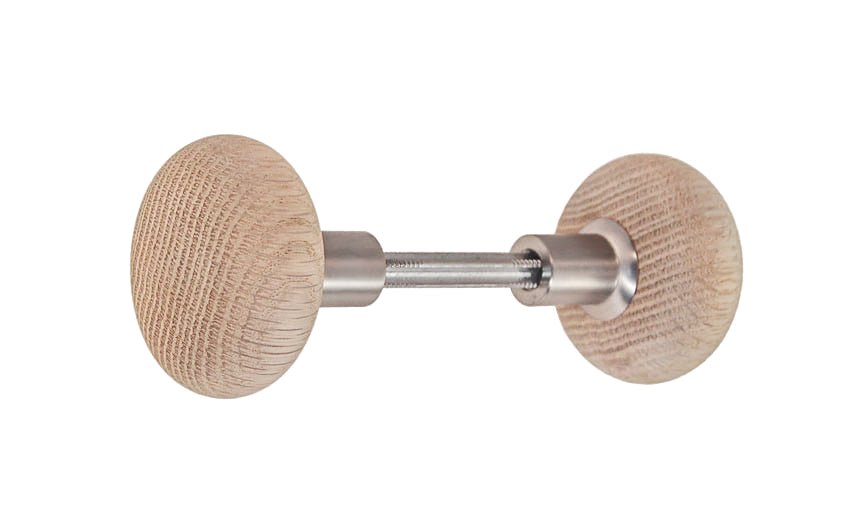 Vintage-style Hardware · Solid Oak Wood Doorknob Set ~ Round Style ~ 2-1/4" diameter knob ~ Solid brass ferrule base ~ Will fit doors with a thickness of 1" to 2-1/2". Wooden door knob. Brushed Nickel Finish.