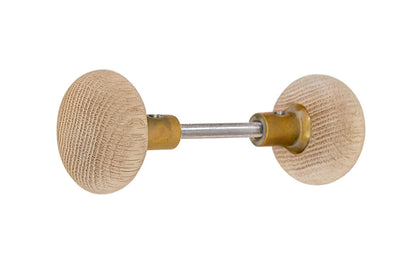 Vintage-style Hardware · Solid Oak Wood Doorknob Set ~ Round Style ~ 2-1/4" diameter knob ~ Solid brass ferrule base ~ Will fit doors with a thickness of 1" to 2-1/2". Wooden door knob. Unlacquered Brass. Non-lacquered brass.