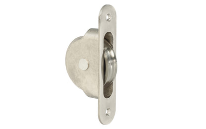 High quality sash pulley designed for sash or hung windows. Formed of solid brass material. Regular size. 2-1/4" wheel diameter. Polished Nickel Finish.