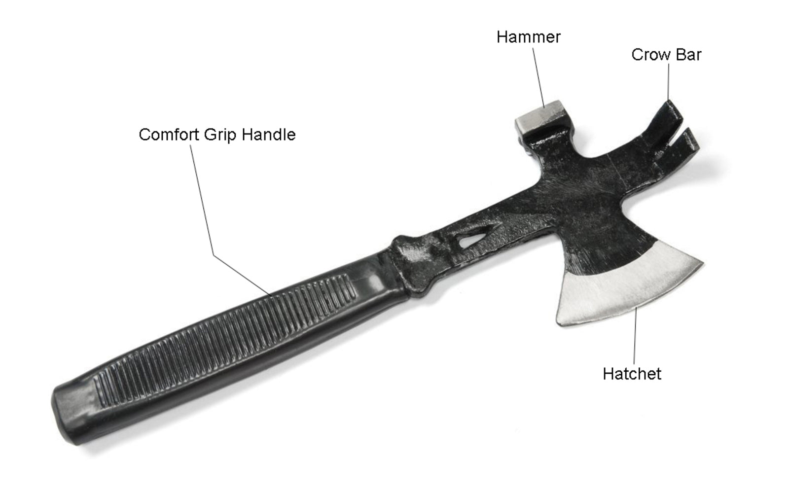 A basic & economy 3-in-1 Small Hammer Hatchet Pry Bar Tool. Made of solid steel material. Rubberized handle for superior grip.