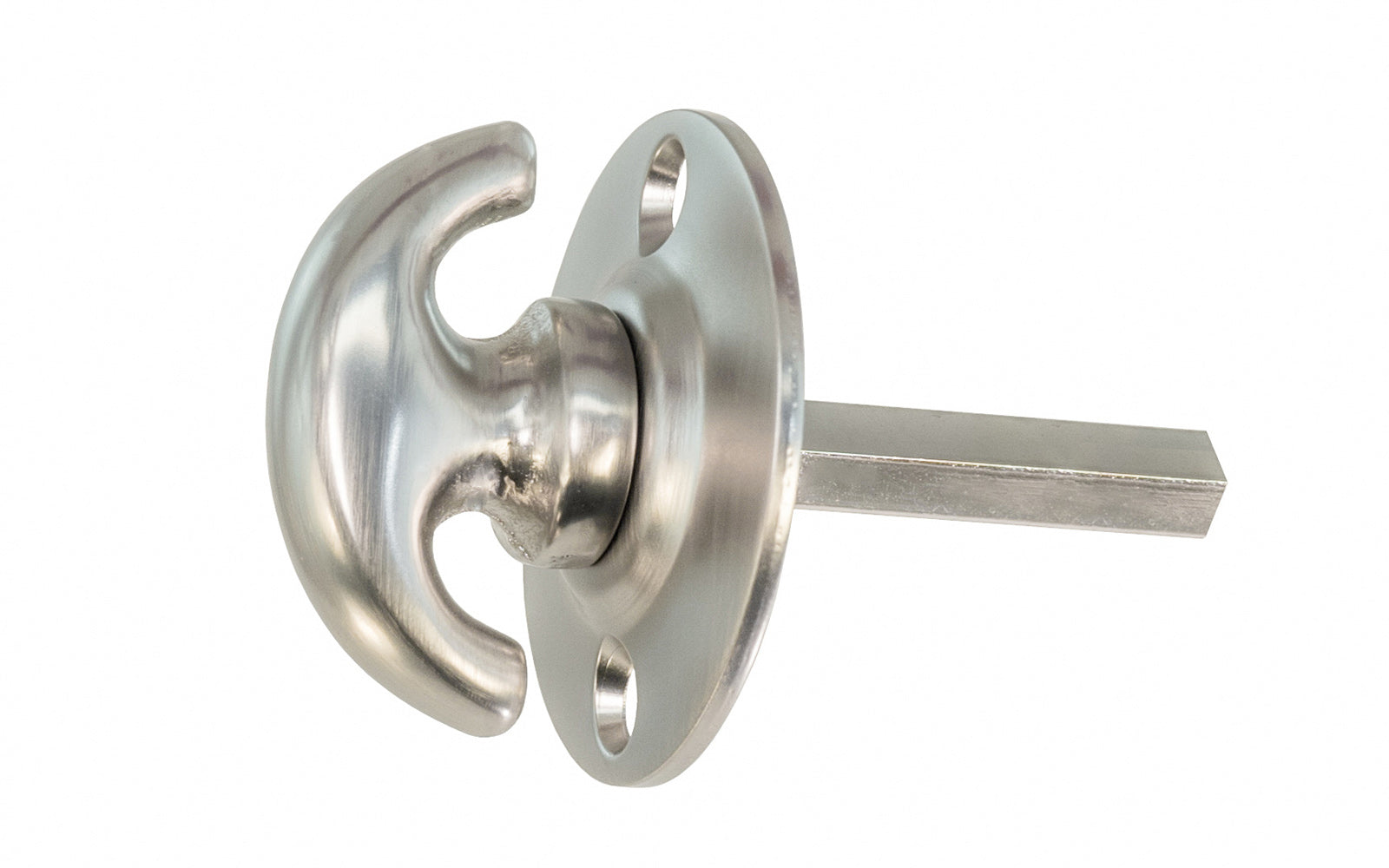 An old-style Classic Solid Brass crescent thumbturn with round plate for locking doors. Used with mortise locks, deadbolts, night-locks, catches. Made of solid brass material. 3/16" thick shaft. Brushed nickel finish