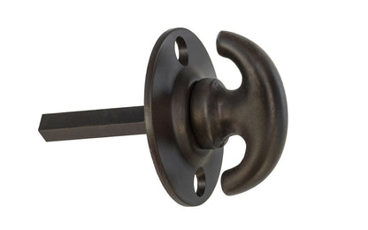An old-style Classic Solid Brass crescent thumbturn with round plate for locking doors. Used with mortise locks, deadbolts, night-locks, catches. Made of solid brass material. 3/16" thick shaft. Oil rubbed bronze finish