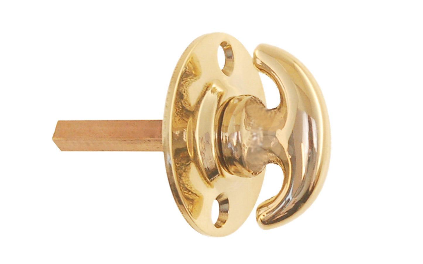 An old-style Classic Solid Brass crescent thumbturn with round plate for locking doors. Used with mortise locks, deadbolts, night-locks, catches. Made of solid brass material. 3/16" thick shaft. Unlacquered brass (will patina naturally)