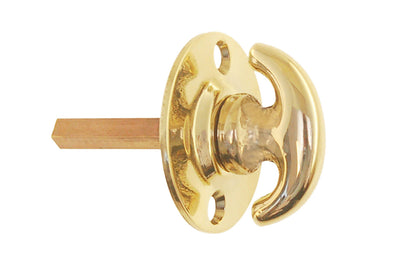 An old-style Classic Solid Brass crescent thumbturn with round plate for locking doors. Used with mortise locks, deadbolts, night-locks, catches. Made of solid brass material. 3/16" thick shaft. Lacquered brass finish