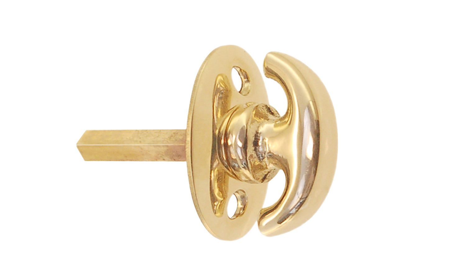 An old-style Classic Solid Brass crescent thumbturn for locking doors with a smaller oval plate. Used with mortise locks, deadbolts, night-locks, catches. Made of solid brass material. 3/16" thick shaft. Unlacquered brass (will patina naturally)