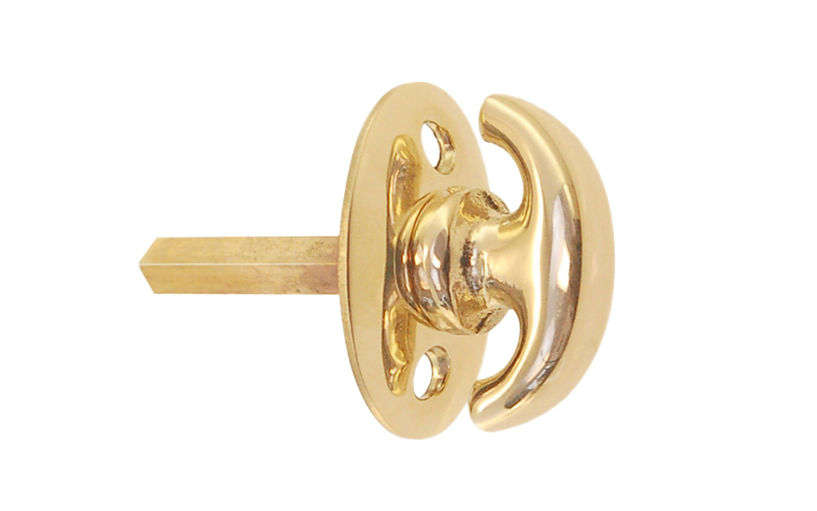 An old-style Classic Solid Brass crescent thumbturn for locking doors with a smaller oval plate. Used with mortise locks, deadbolts, night-locks, catches. Made of solid brass material. 3/16" thick shaft. Unlacquered brass (will patina naturally)