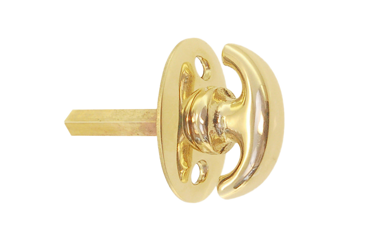 An old-style Classic Solid Brass crescent thumbturn for locking doors with a smaller oval plate. Used with mortise locks, deadbolts, night-locks, catches. Made of solid brass material. 3/16" thick shaft. Lacquered brass finish.