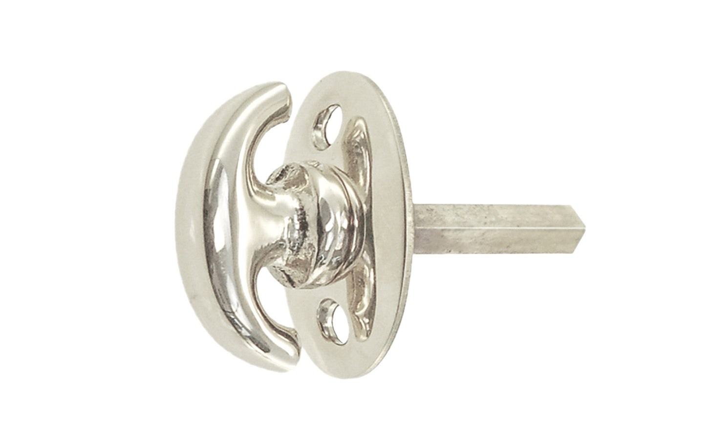 An old-style Classic Solid Brass crescent thumbturn for locking doors with a smaller oval plate. Used with mortise locks, deadbolts, night-locks, catches. Made of solid brass material. 3/16" thick shaft. Polished nickel finish.