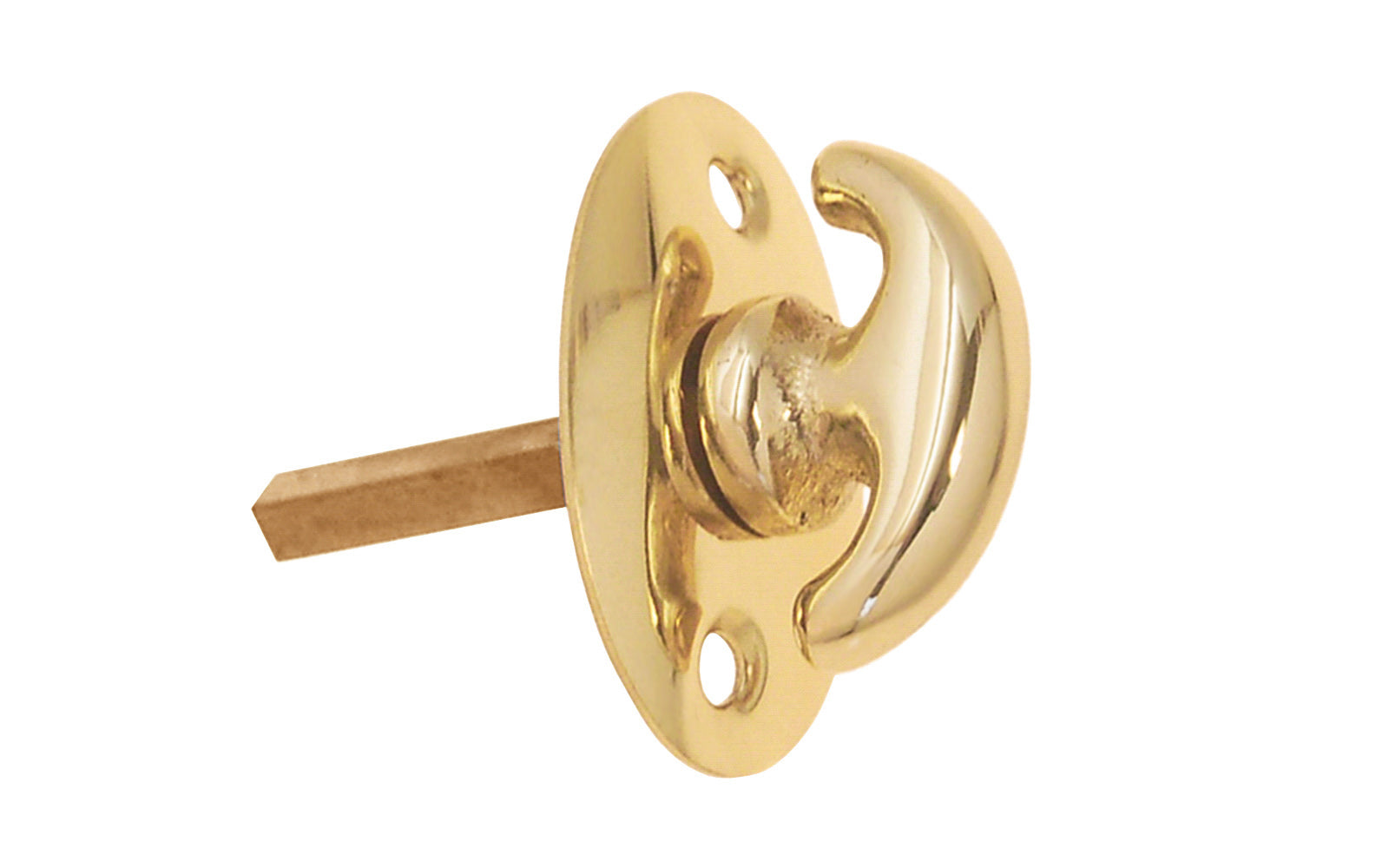 An old-style Classic Solid Brass crescent thumbturn for locking doors. Used with mortise locks, deadbolts, night-locks, catches. Made of solid brass material. 3/16" thick shaft. Unlacquered brass (will patina naturally)