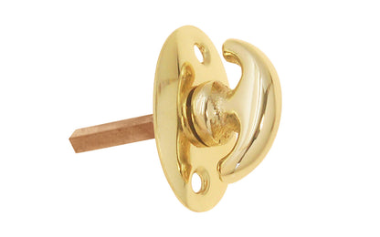 An old-style Classic Solid Brass crescent thumbturn for locking doors. Used with mortise locks, deadbolts, night-locks, catches. Made of solid brass material. 3/16" thick shaft.  Lacquered Brass Thumbturn