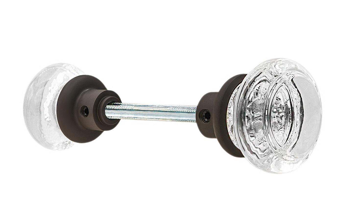 Pair of Classic Round Clear Glass Doorknobs with spindle. A high quality & genuine glass doorknob set with an attractive round design. The sparkling center point under glass amplifies reflected light to showcase beautiful facets. Solid brass base. Reproduction Glass Door Knobs. Traditional Round Glass Knobs. Oil Rubbed Bronze Finish.