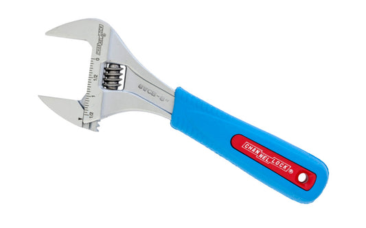 Channellock 8" Adjustable Wrench "Wide Azz" 'Code Blue". WideAzz jaws are up to 75% wider than a standard wrench. Longer jaws grip better and provide greater access in tight spaces. Rugged Chrome Vanadium steel. Chrome finish for rust prevention. 8" size. Channelock Model 8WCB.