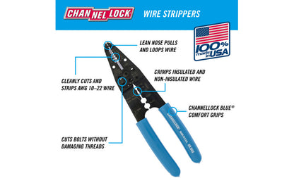 The Channellock precision-machined  8" wire stripper is designed to last against the rigors of everyday use. Includes a precision ground cutter, common stripping hole sizes. Modle 908. Screw shears for 6-32, 8-32, 10-24, 10-32, 4-40 thread.  Channelock stripper made in USA.