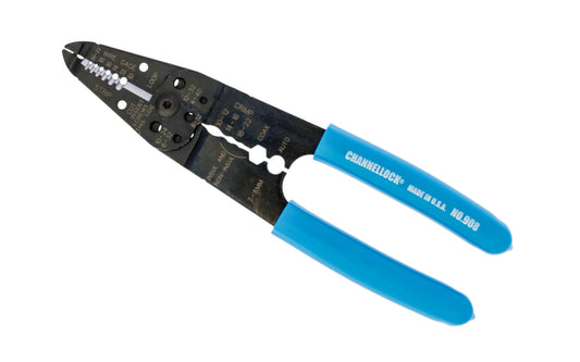 The Channellock precision-machined  8" wire stripper is designed to last against the rigors of everyday use. Includes a precision ground cutter, common stripping hole sizes. Modle 908. Screw shears for 6-32, 8-32, 10-24, 10-32, 4-40 thread.  Channelock stripper made in USA.