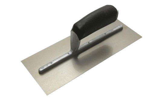This Marshalltown contractor-grade QLT Carbon Steel Finishing Drywall Trowel has an aluminum mounting that is securely riveted to a carbon steel blade.