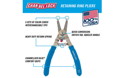 Channellock 8" Convertible Retaining Ring Pliers easily convert from working with external to internal snap rings with a simple switch of a tab. The heavy duty return spring reduces hand fatigue and provides increased accuracy when applying or removing snap rings Model 927. Made in USA.