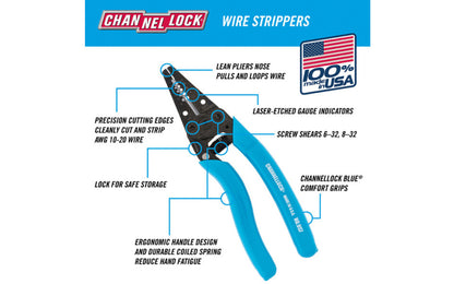 The Channellock precision-machined 7" wire stripper is designed to last against the rigors of everyday use. Includes a precision ground cutter, common stripping hole sizes, and a lean nose design for pulling and looping wire. Model 957. Channelock stripper made in USA.