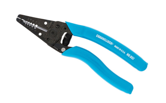 The Channellock precision-machined  7" wire stripper is designed to last against the rigors of everyday use. Includes a precision ground cutter, common stripping hole sizes, and a lean nose design for pulling and looping wire. Model 957.  Channelock stripper made in USA.