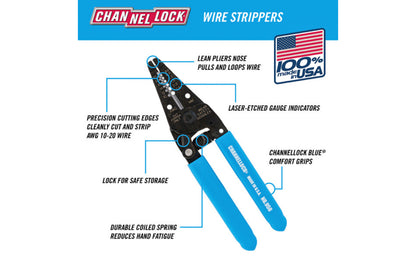The Channellock 6" Wire Stripper is precision-machined & designed to last against the rigors of everyday use. Includes a precision ground cutter, common stripping hole sizes, & a lean nose design for pulling & looping wire. Model 957.   Made in USA.