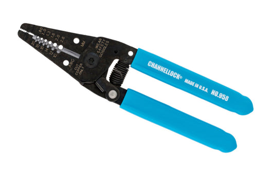 The Channellock 6" Wire Stripper is precision-machined & designed to last against the rigors of everyday use. Includes a precision ground cutter, common stripping hole sizes, & a lean nose design for pulling & looping wire. Model 957.   Made in USA.