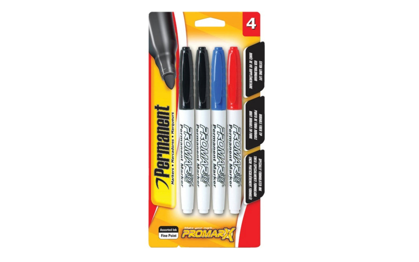 Promarx Assorted Colors Markers - 4 Pack. Permanent ink markers. Features extra long life, durable fiber tip, and specially formulated ink.