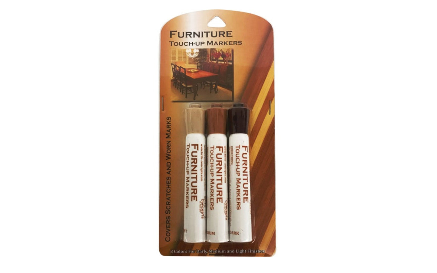 Furniture touch-up markers ideal for covering scratches & worn marks. Tough, colorfast formula dries to the touch in seconds. Includes 3 different colors for dark, medium, & light finishes.  Made by Jacent.