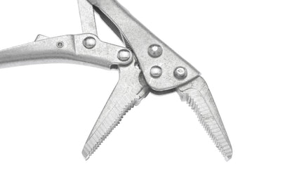 Basic & economy style 4-3/4" Mini Long Nose Self-Locking Plier. Quick Action Release Lever Unlocks with One Touch. Drop Forged Steel. Small quick grip style clamp. Made by SE.