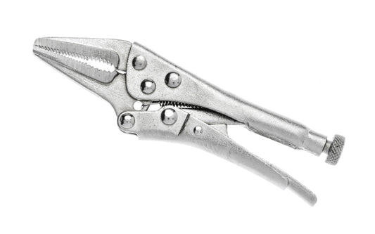 Basic & economy style 4-3/4" Mini Long Nose Self-Locking Plier. Quick Action Release Lever Unlocks with One Touch. Drop Forged Steel. Small quick grip style clamp. Made by SE.