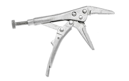 Basic & economy style 4-3/4" Mini Long Nose Self-Locking Plier. Quick Action Release Lever Unlocks with One Touch. Drop Forged Steel. Small quick grip style clamp. Made by SE.