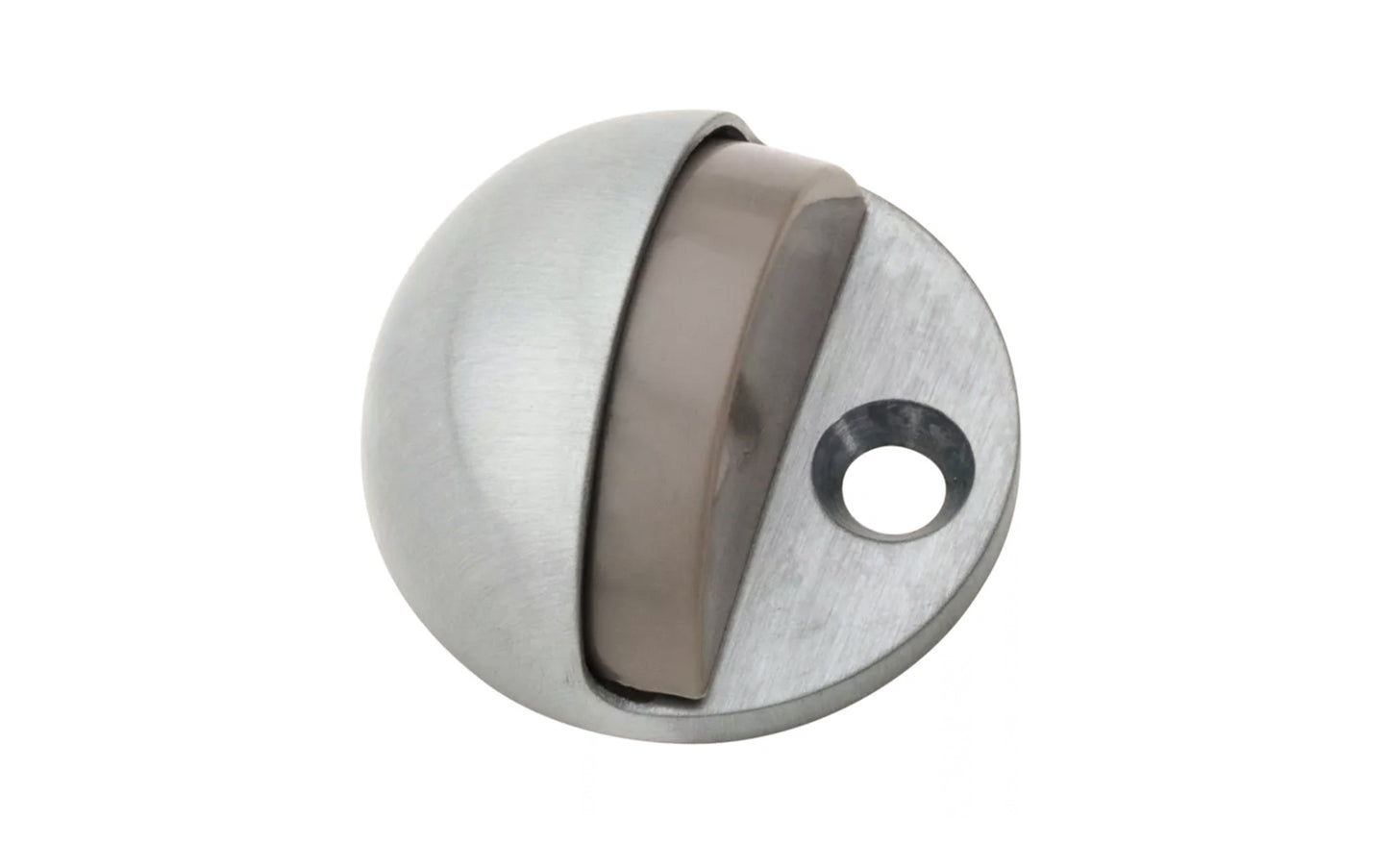 This adjustable floor door stop prevents damage to walls & doors. Designed for low & high rise undercut doors - Adjustable to accommodate varying door gap sizes (includes separate 1/4" thick riser piece). Satin chrome finish on zinc die-cast material. Base Diameter: 1-3/4". Projection: 1-1/4" (with 1/4" thick riser piece). Made by National Hardware. Model N327-614.