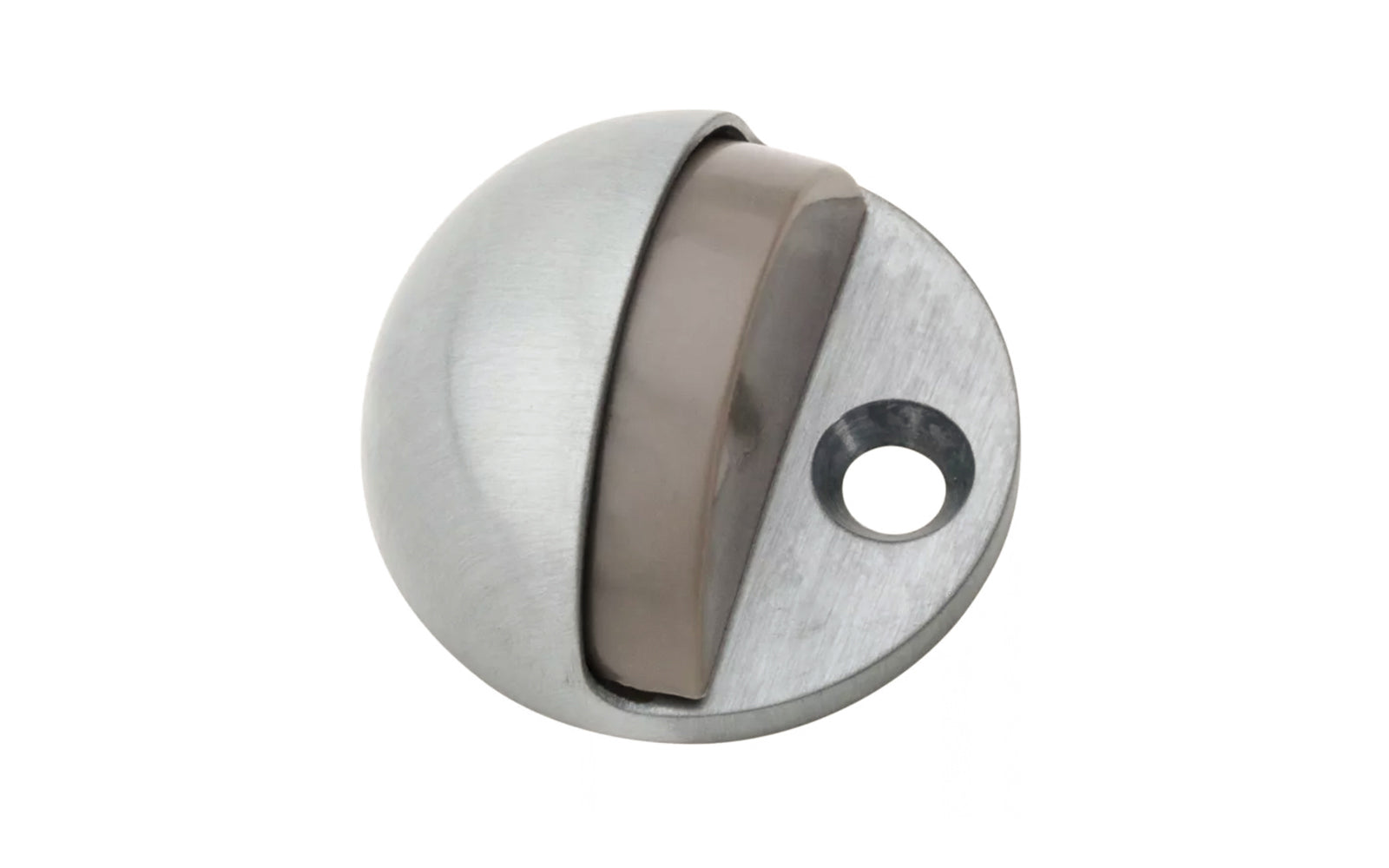 This adjustable floor door stop prevents damage to walls & doors. Designed for low & high rise undercut doors - Adjustable to accommodate varying door gap sizes (includes separate 1/4" thick riser piece). Satin chrome finish on zinc die-cast material. Base Diameter: 1-3/4". Projection: 1-1/4" (with 1/4" thick riser piece). Made by National Hardware. Model N327-614.