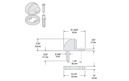 This adjustable floor door stop prevents damage to walls & doors. Designed for low & high rise undercut doors - Adjustable to accommodate varying door gap sizes (includes separate 1/4" thick riser piece). Satin chrome finish on zinc die-cast material. Base Diameter: 1-3/4". Projection: 1-1/4" (with 1/4" thick riser piece). Made by National Hardware. Model N327-614.