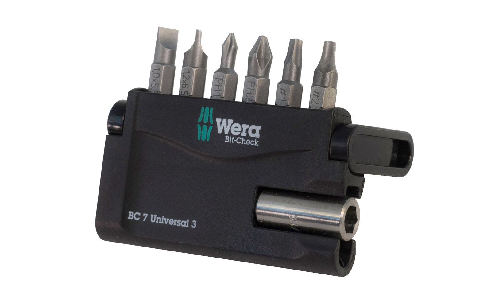 Wera Insert Bit Set with universal bit holder - "Bit-Check 7 Universal 3". BC 7 Universal 3. Made in Czech Republic. Phillips Sizes: #1 x 25 mm & #2 x 25 mm. Square Drive Sizes: #1 x 25 mm & #2 x 25 mm. Slotted Sizes: 1 x 5.5 x 25 mm & 1.2 x 6.5 x 25 mm. Model 340322.